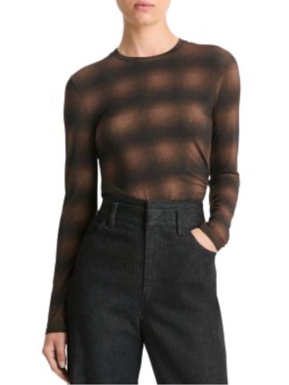 Vince Long-Sleeve Crewneck Top in Brown and Black